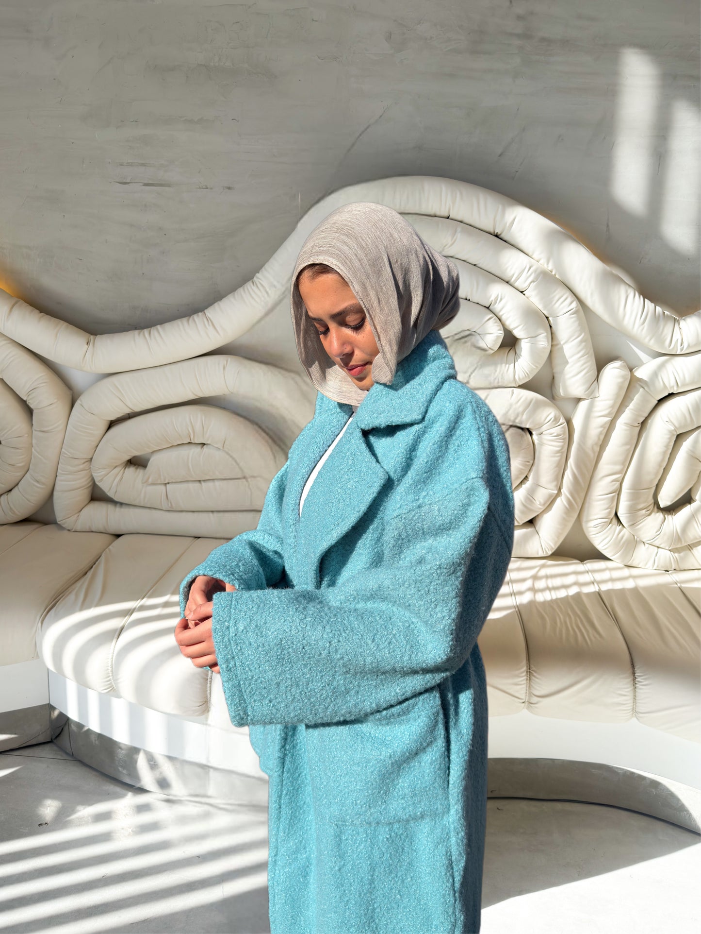Fluffy Wrap Coat in Cyan