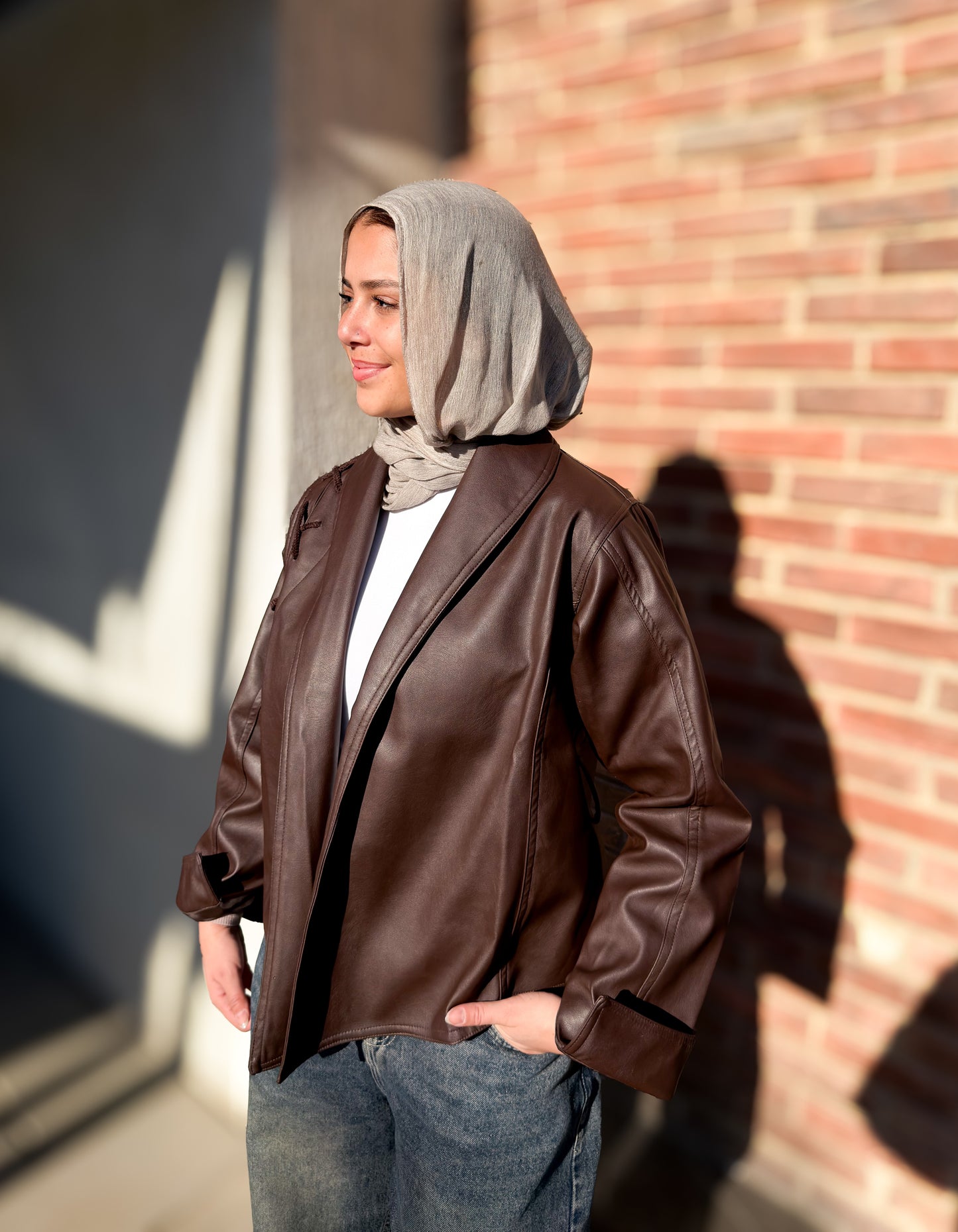 Braided Leather Jacket with a Leather Belt in Brown