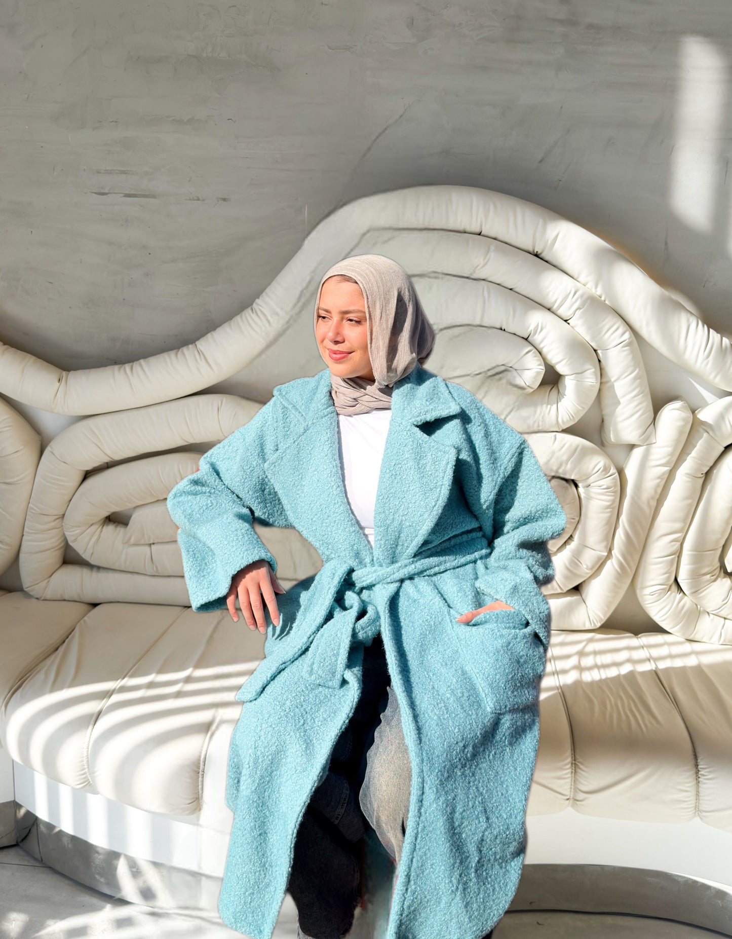 Fluffy Wrap Coat in Cyan