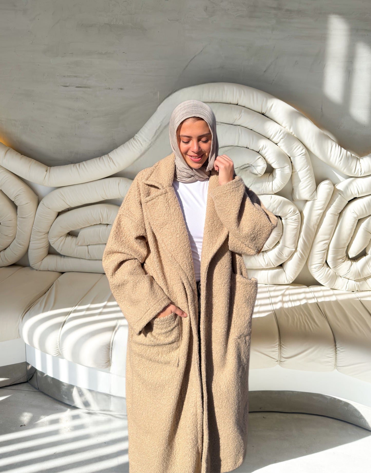 Fluffy Wrap Coat in Beige