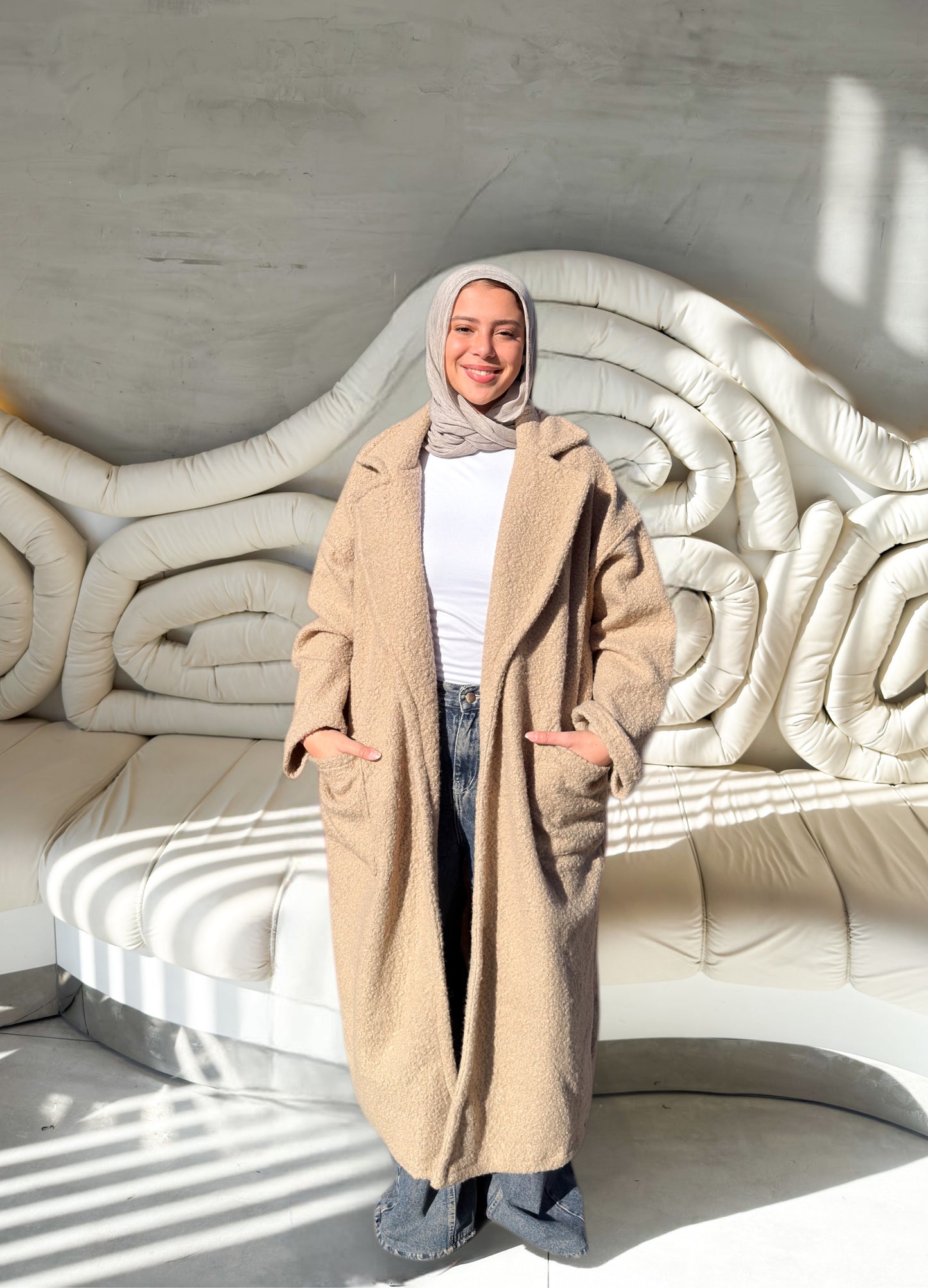 Fluffy Wrap Coat in Beige