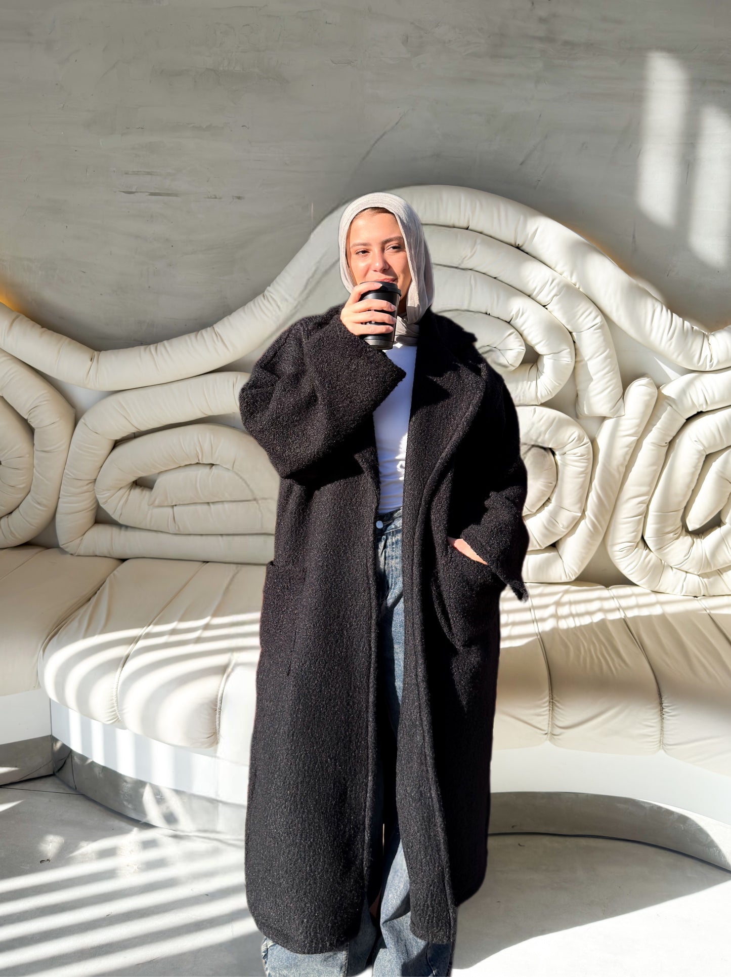 Fluffy Wrap Coat in Black