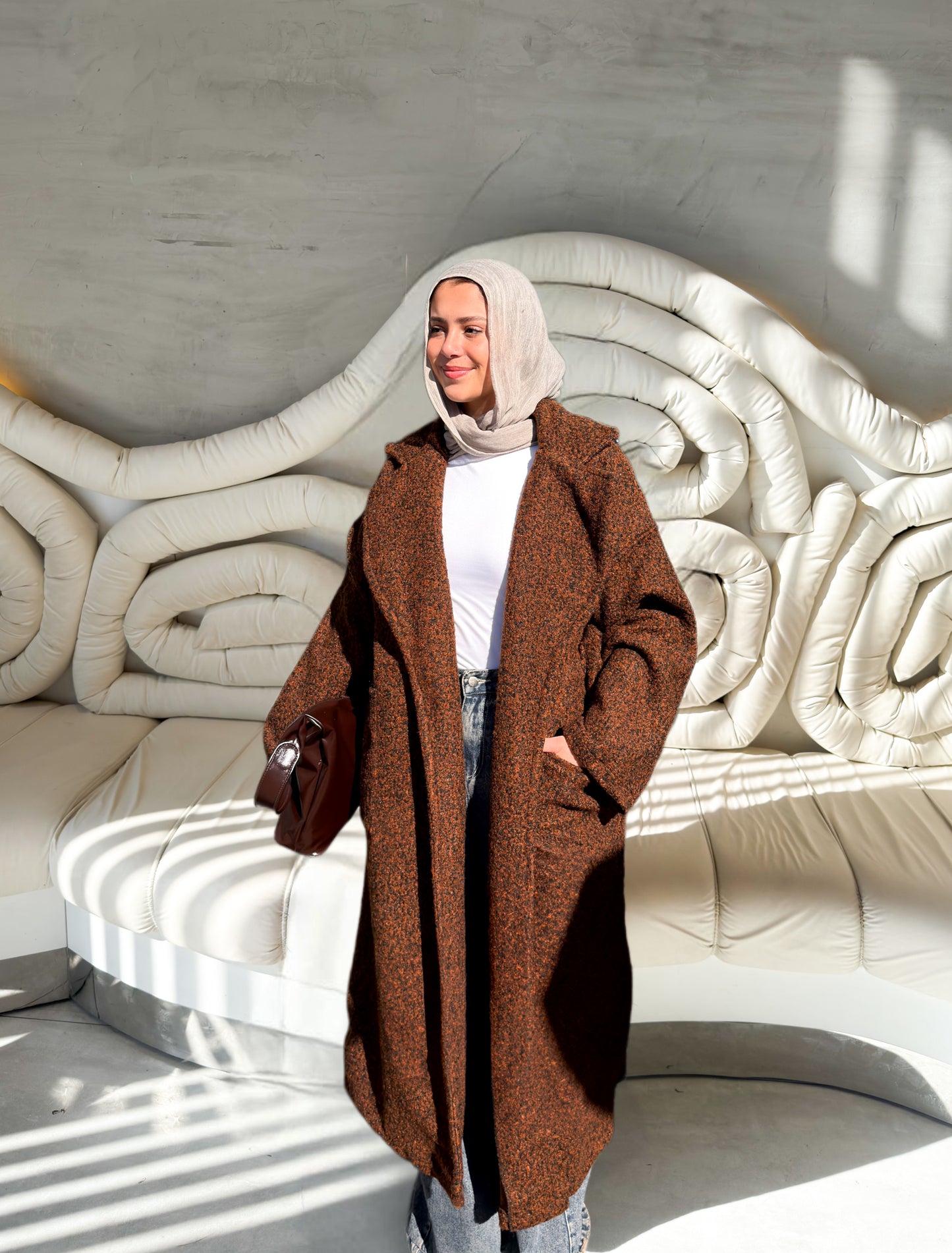 Fluffy Wrap Coat in Camel Black