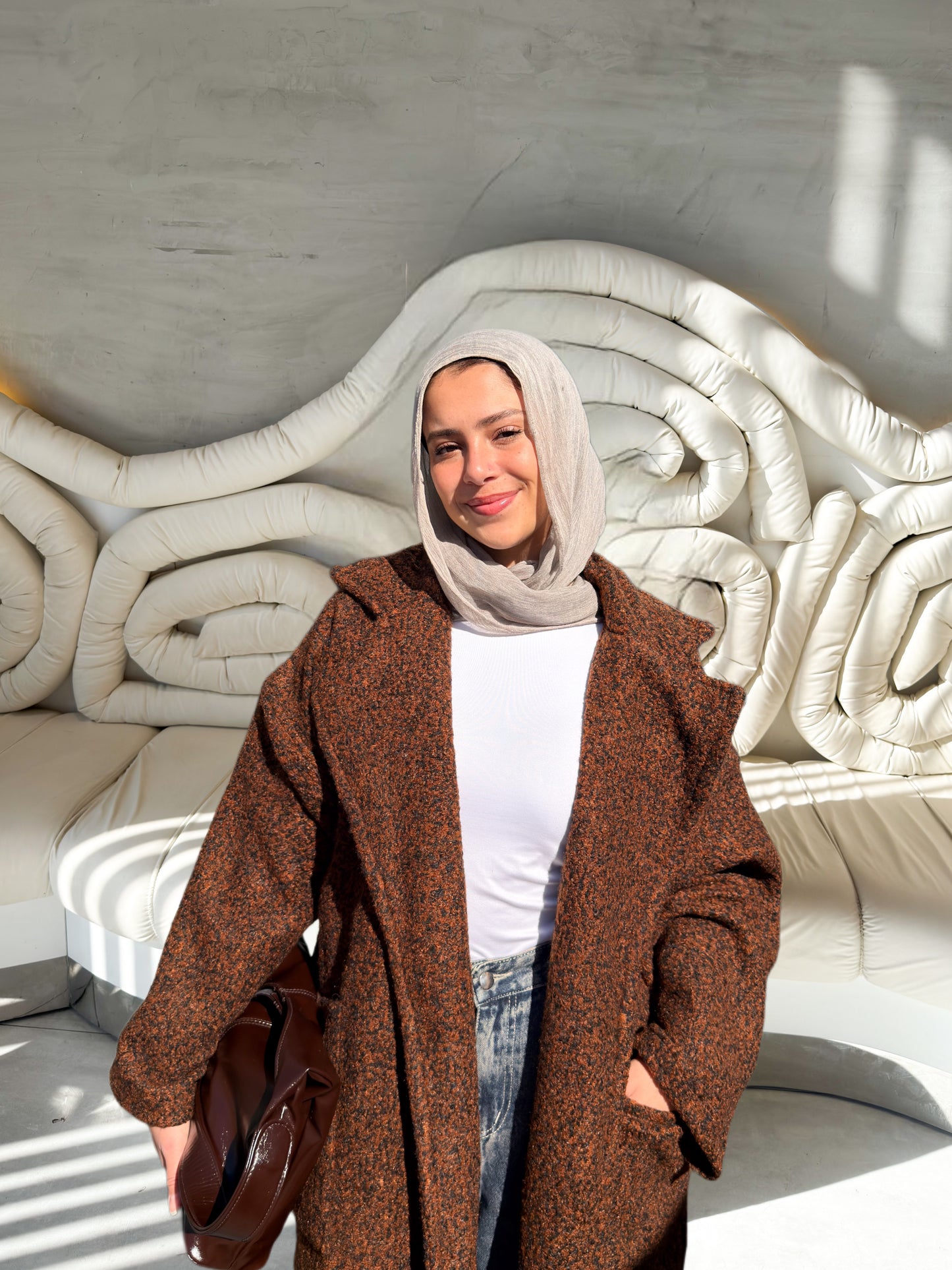 Fluffy Wrap Coat in Camel Black