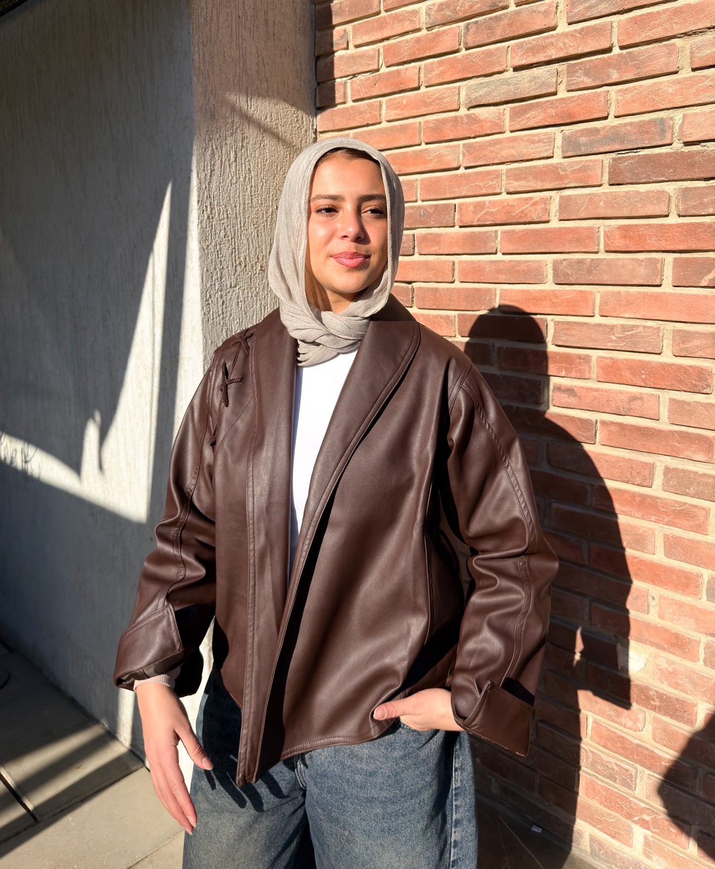 Braided Leather Jacket with a Leather Belt in Brown